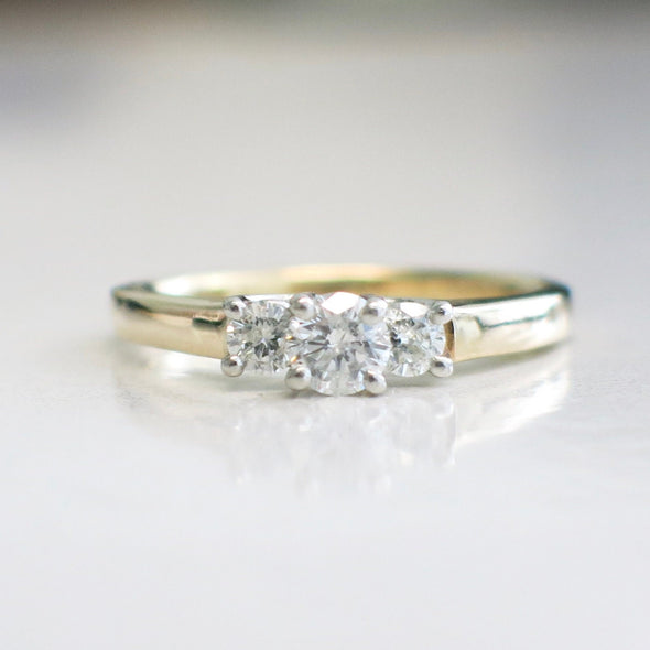 Three Stone Diamond Ring 14K Yellow Gold Platinum Head .45ct Engagement Ring Size 6