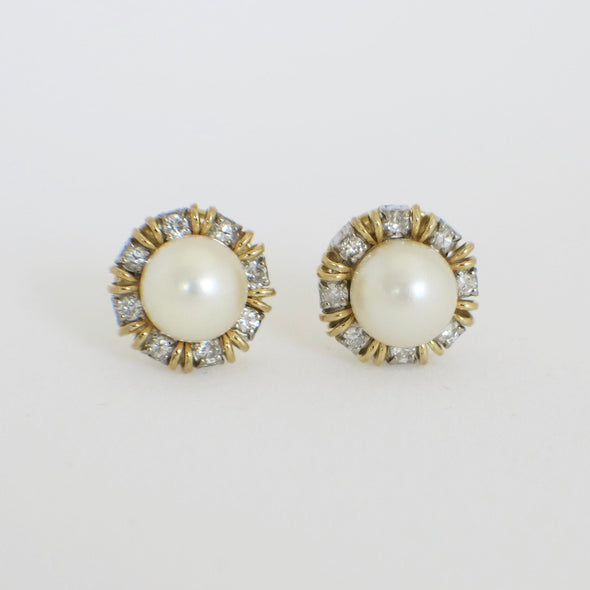 Vintage Pearl and Diamond Earrings | 18K Two-Tone Gold Halo Studs with Threaded Backs