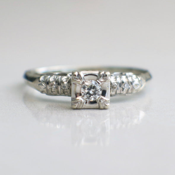 Vintage 14K White Gold Diamond Engagement Ring | Square Head Setting Size 8.5