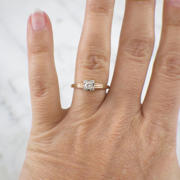 Vintage .20 CT Diamond Solitaire Ring – 14K Yellow Gold Ribbed Band Engagement