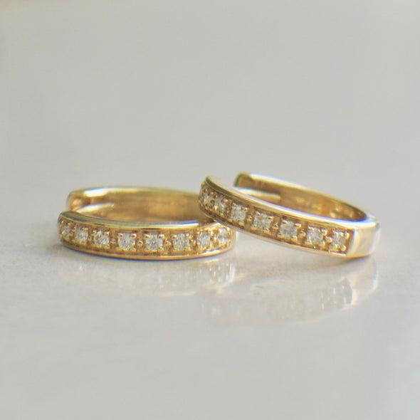 14K Yellow Gold Diamond Huggie Hoop Earrings | Small Dainty Gold Hoops