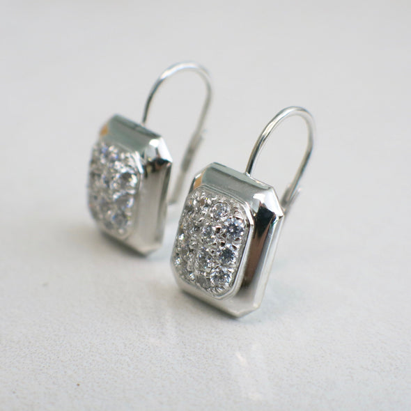 14K White Gold Diamond Rectangle Dangle Earrings | Cluster Drop Earrings .84 CTW