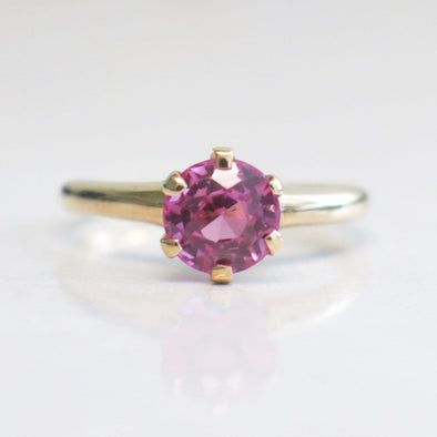 Vintage 14K Gold Pink Sapphire Solitaire Ring | Round Six-Prong Setting Size 4