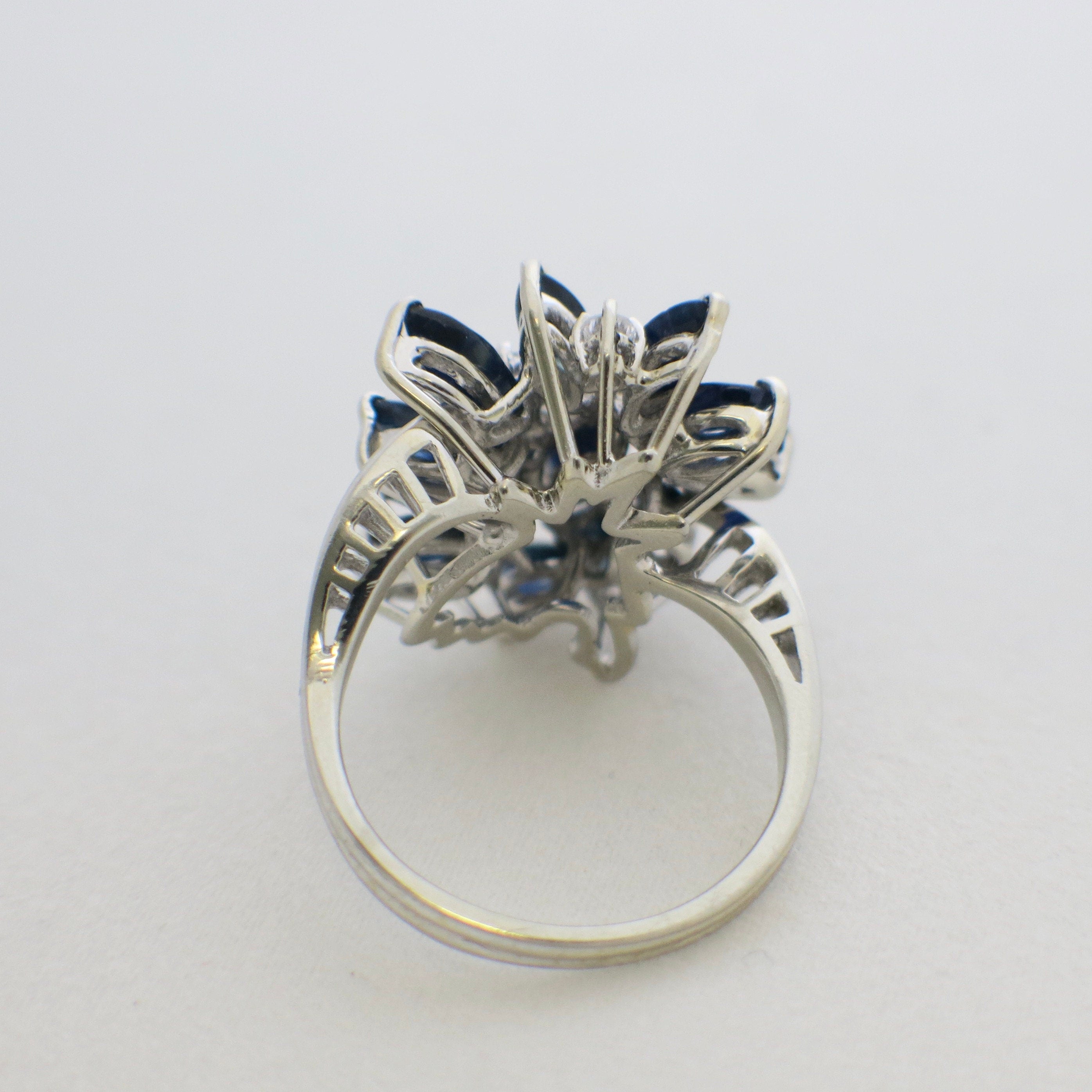 18K White Gold Marquise Sapphire & Diamond Cluster Ring – Vintage Statement, Size 7 - Black Market LLC