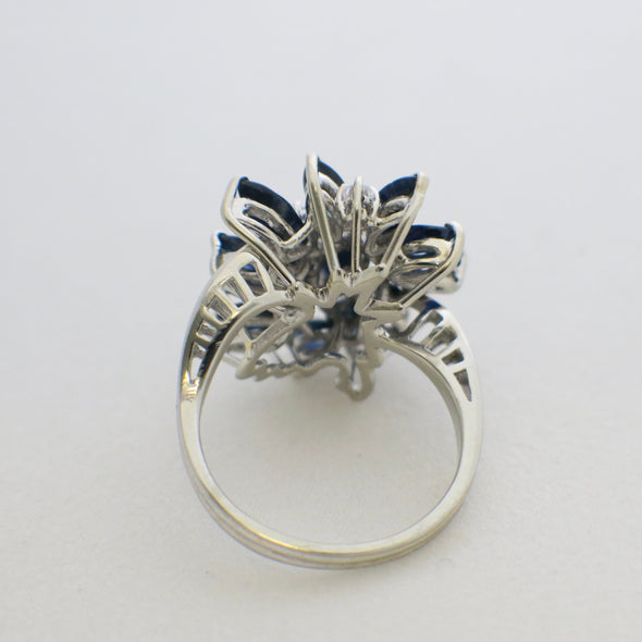 18K White Gold Marquise Sapphire and Diamond Cluster Ring | Vintage Alternative Engagement Ring | Blue Gemstone Statement Ring