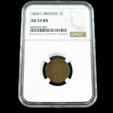 1864 Indian Head Cent – L on Ribbon – NGC AU53 BN – Bronze U.S. One Cent Coin
