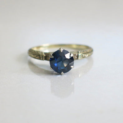 Vintage Sapphire Blue Glass Ring | 14K Two-Tone Gold Filigree Crown Setting Size 6.75