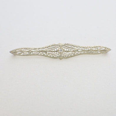 10K White Gold Art Deco Diamond Filigree Pin – Vintage 1920s Milgrain