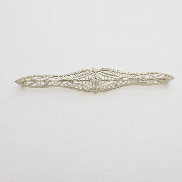 10K White Gold Art Deco Diamond Filigree Pin – Vintage 1920s Milgrain