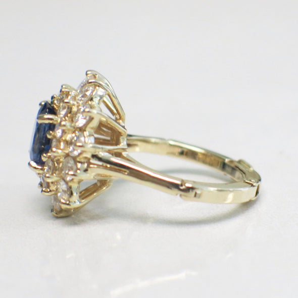 Oval Blue Sapphire Diamond Ring 14K Yellow Gold Double Halo Floral Design 1.8ct Sapphire 1.62ctw VS2-SI1 Size 5.5 Alternative Engagement