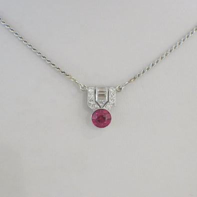 Art Deco 14K White Gold Diamond and Pink Glass Necklace | Vintage Style Pendant | 1920s Deco Jewelry