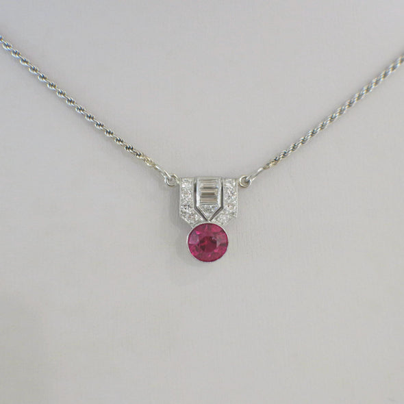 Art Deco 14K White Gold Diamond and Pink Glass Necklace | Vintage Style Pendant | 1920s Deco Jewelry