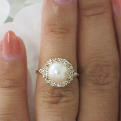 Vintage Pearl and Diamond Halo Ring | 14K Yellow Gold Engagement or Cocktail Ring