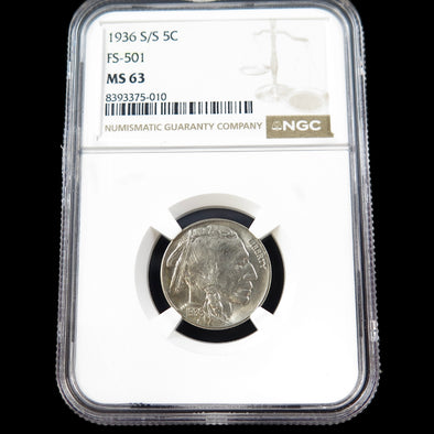 1936-S/S Buffalo Nickel – FS-501 Repunched Mintmark – NGC MS63 – Early U.S. Five Cent Coin