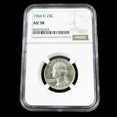 1964-D Washington Quarter – D/D Repunched Mintmark – NGC AU58 – Certified U.S. Silver Coin (Copy)
