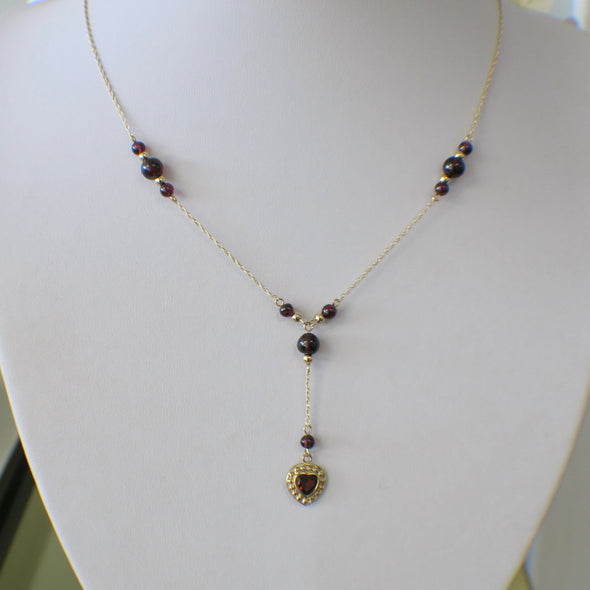 14K Gold Garnet Bead Drop Necklace with Heart Charm | Rhodolite Garnet Dangle