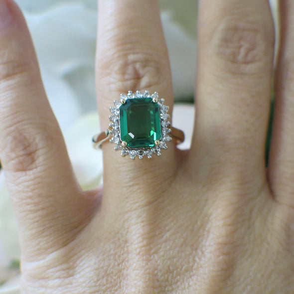 Synthetic Emerald and Diamond Halo 14K Yellow Gold Ring, Alternative Engagement Ring, Vintage Inspired Emerald Ring