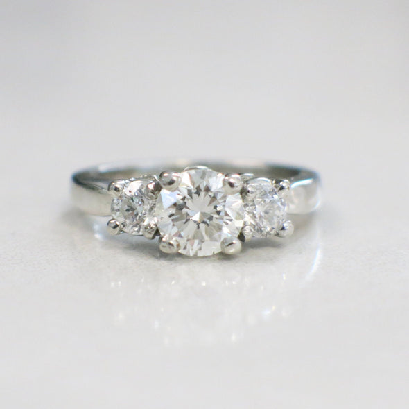 Platinum Three Stone Diamond Engagement Ring 0.95ct Center SI1 E-F 1.35ctw Classic Style Size 4.5 Bright White Round Cut