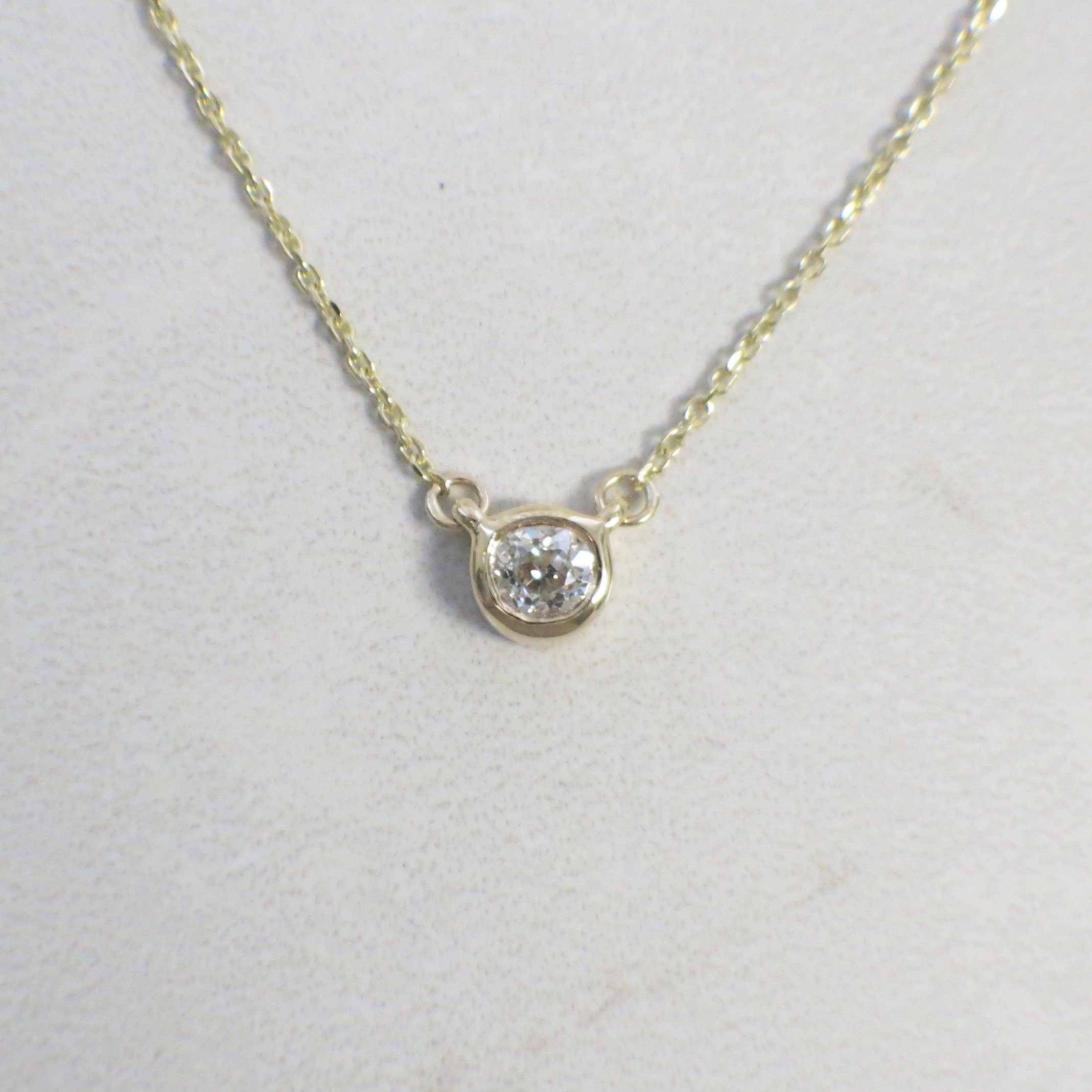 14K Gold Diamond Bezel Necklace | Custom Solitaire Pendant 16 or 18 Inch - Black Market LLC