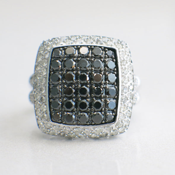 Statement Black and White Diamond Cluster Ring in 10K White Gold – Bold Cocktail Ring, 1.34 CTW