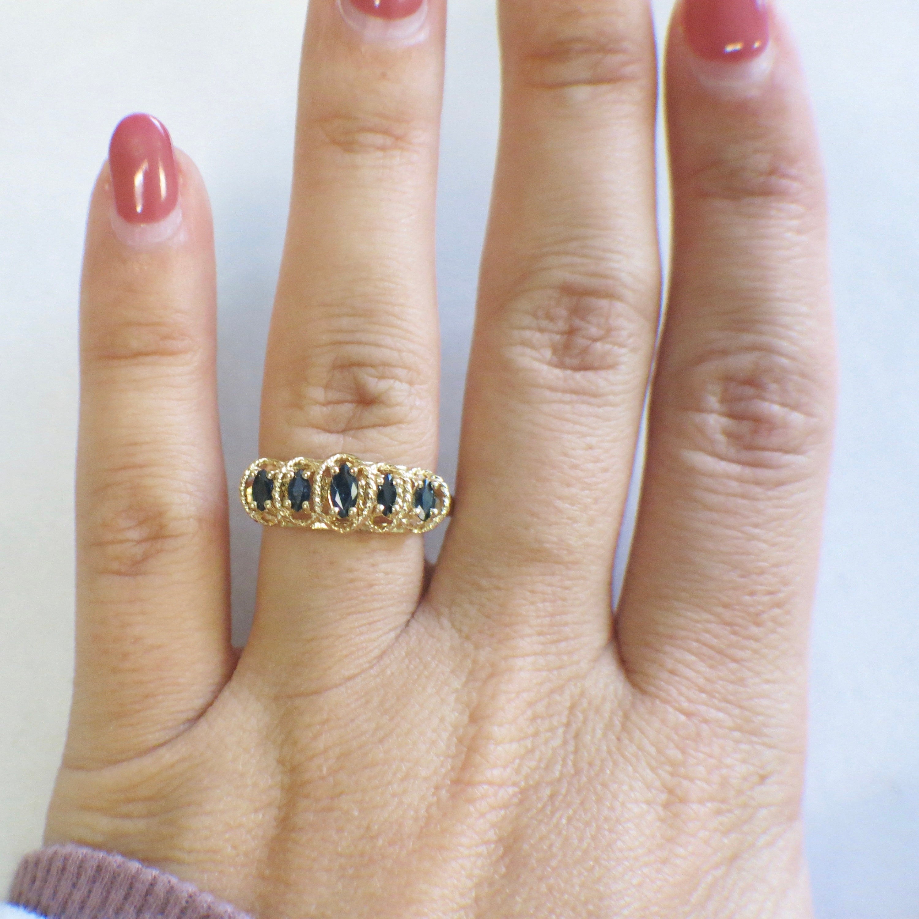 Five-Stone Sapphire Ring | Marquise Sapphires in 10K Yellow Gold Vintage Band Size 9 - Black Market LLC