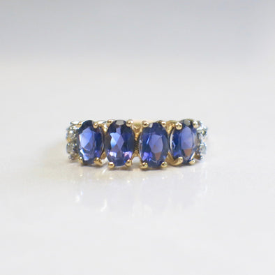 10K Gold Tanzanite and Diamond Ring Oval Four Stone Band Size 6.75