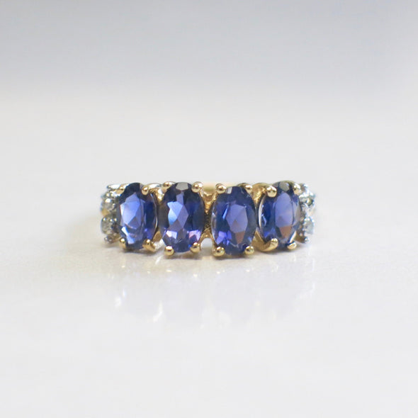 10K Gold Tanzanite and Diamond Ring Oval Four Stone Band Size 6.75