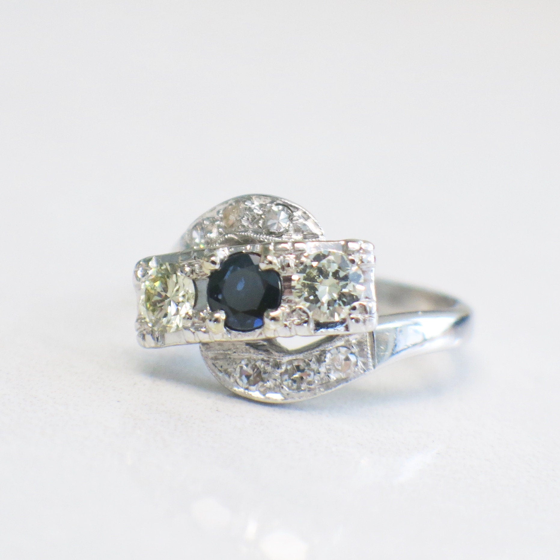 14K White Gold Sapphire and Diamond Art Deco Ring – Milgrain Detail, Size 5.75 - Black Market LLC