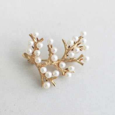 14K Yellow Gold Vintage Pearl Branch Brooch | Textured Gold Leaf Pin with Pearls