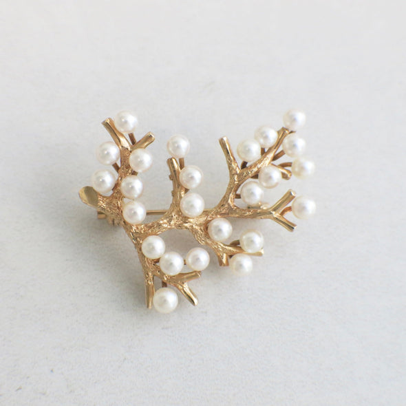 14K Yellow Gold Vintage Pearl Branch Brooch | Textured Gold Leaf Pin with Pearls