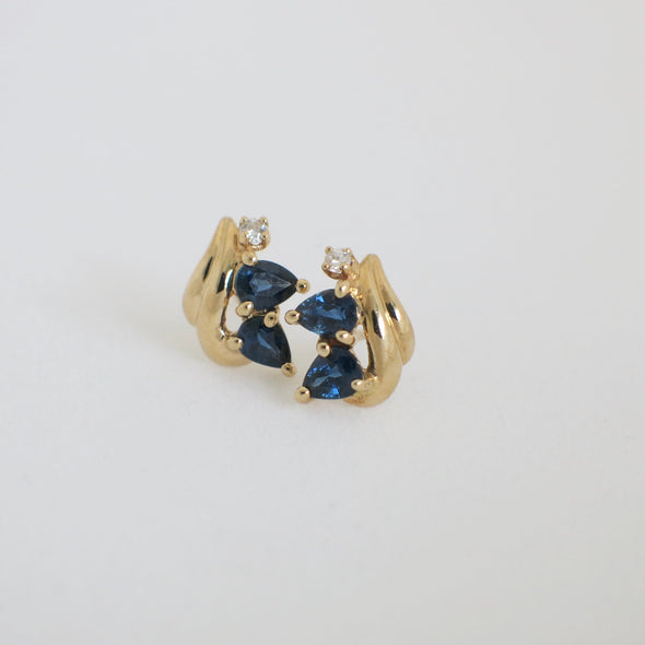 14K Gold Sapphire Earrings with Diamonds Vintage Yellow Gold Studs