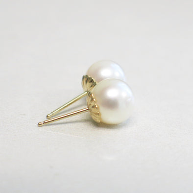 14K Yellow Gold Pearl Stud Earrings 8mm June Birthstone Jewelry