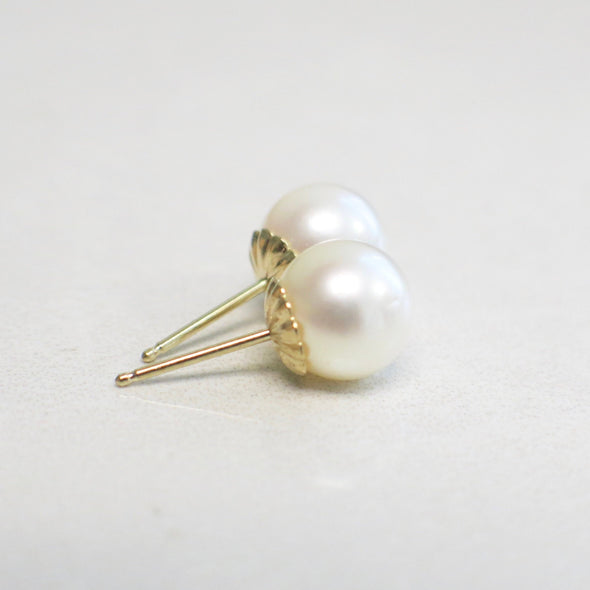 14K Yellow Gold Pearl Stud Earrings 8mm June Birthstone Jewelry