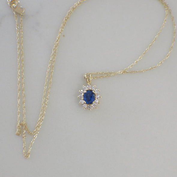 14K Yellow Gold Oval Sapphire and Diamond Halo Necklace Pendant, Blue Gemstone Gift, Something Blue