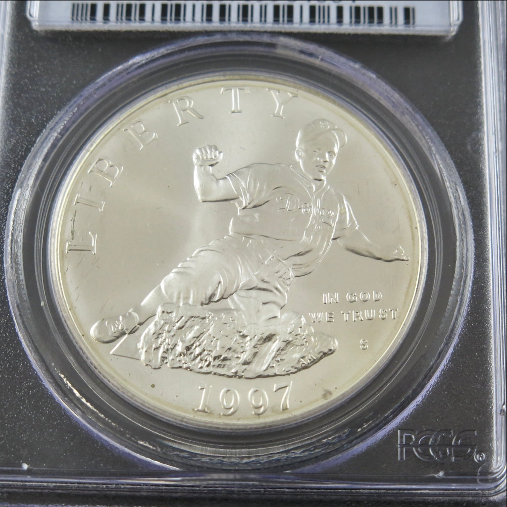 Close-up of the 1997-S Jackie Robinson Silver Dollar commemorative coin in MS69 grade, featuring detailed imagery and PCGS certification.