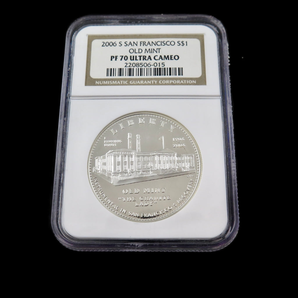 San Francisco Old Mint Silver Dollar 2006-S commemorative coin with detailed design and proof PF70 grade, NGC certification.