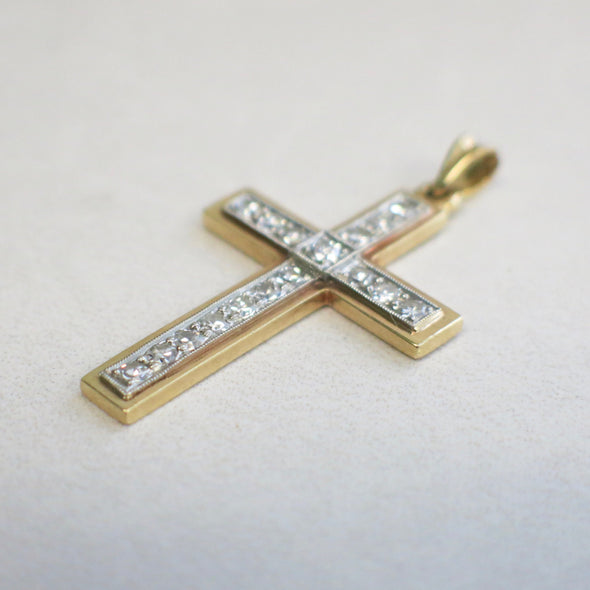 18K Gold Diamond Cross Pendant – Vintage Two Tone Milgrain .85 CTW VS1 E-F, Yellow & White Gold, Religious Jewelry