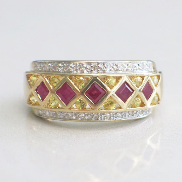 14K Yellow Gold Ruby Citrine and Diamond Band Ring – Princess Cut & Round Stones