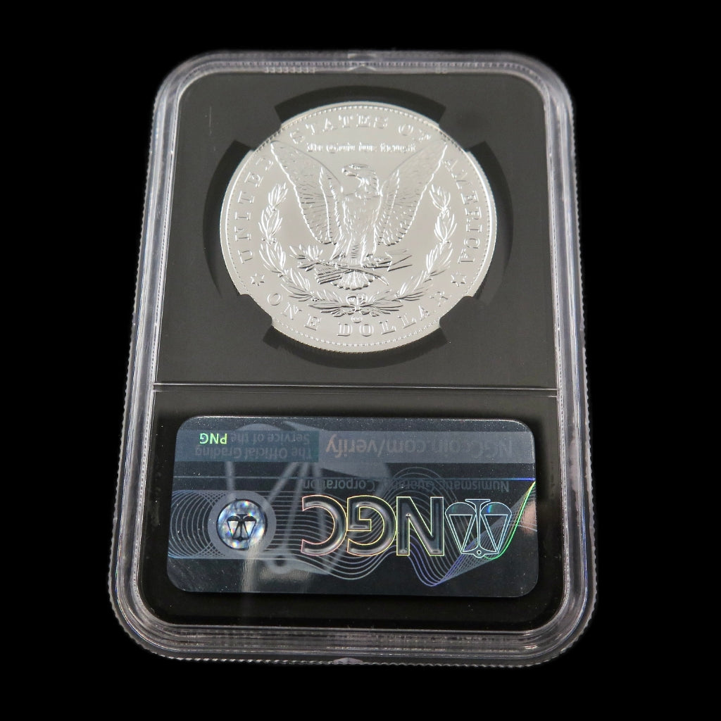 2021 Morgan Silver Dollar commemorative coin with NGC MS70 grade, signed by Edmund Moy, featuring detailed design and black market LLC branding