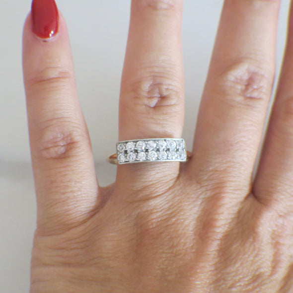 Art Deco Double Row Diamond Ring in 14K Yellow Gold and Platinum, Vintage Old European Cut Diamond Band