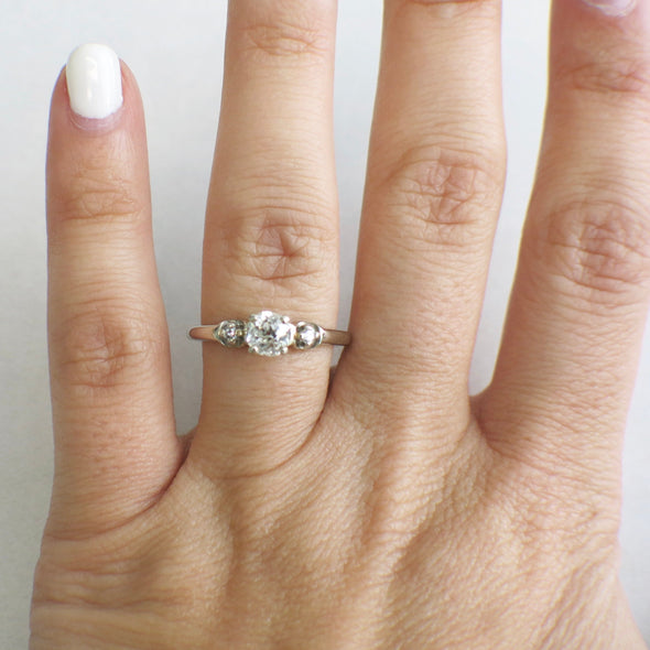 14K White Gold Old European Cut Diamond Vintage Engagement Ring, Antique Style Solitaire Ring