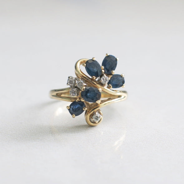 Vintage Sapphire and Diamond Scroll Ring 14K Yellow Gold