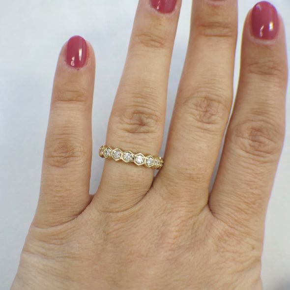 14K Yellow Gold Hexagon Diamond Wedding Band Stackable Geometric Ring 4mm