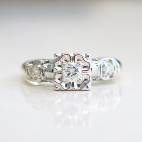 14K Two Tone Diamond Engagement Ring Floral Illusion Setting Size 5.5