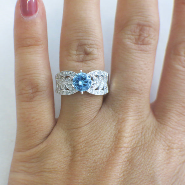 10K White Gold Blue Glass Gem Diamond Wide Band Scroll Ring Vintage Style