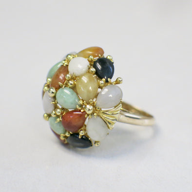 14K Gold Jade Onyx Carnelian Cabochon Cocktail Ring Multicolor Cluster Size 7