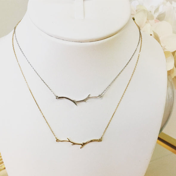 14K Gold Branch Bar Necklace | Nature-Inspired Leaf Twig Layering Necklace Adjustable 16–18 Inch