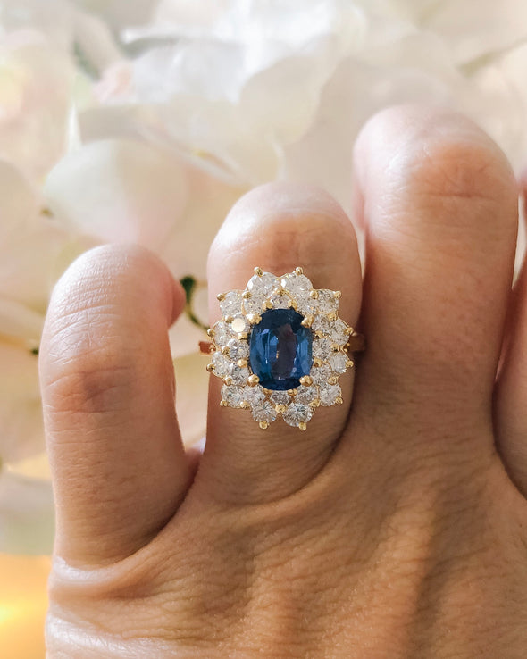 Oval Blue Sapphire Diamond Ring 14K Yellow Gold Double Halo Floral Design 1.8ct Sapphire 1.62ctw VS2-SI1 Size 5.5 Alternative Engagement