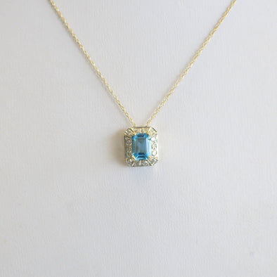 10K Gold Swiss Blue Topaz Necklace with Diamond Halo Pendant 18 Inch