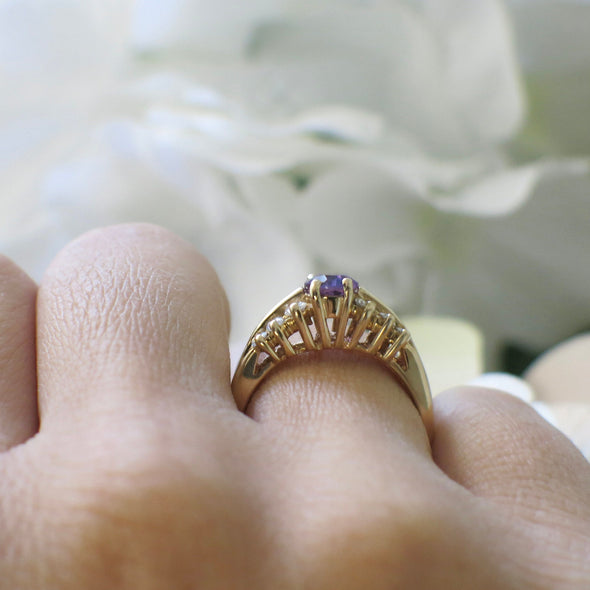 14K Yellow Gold Amethyst Ring with Diamond Accents | Oval Cut Cocktail Ring Size 6.5